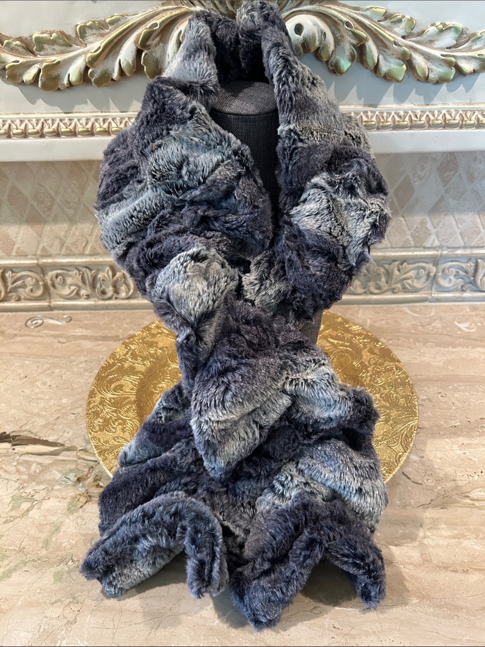 Plush Faux Fur Scarf in Charcoal and Steel  Gray NEW